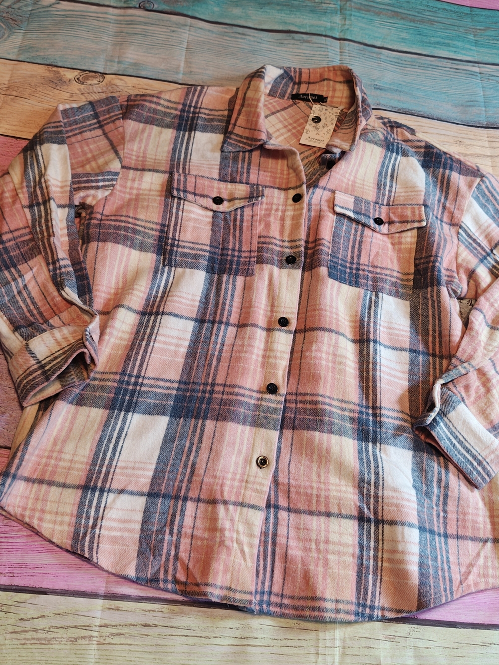XL Pink and Gray Plaid Button-Up Shacket Flannel Shirt #1334